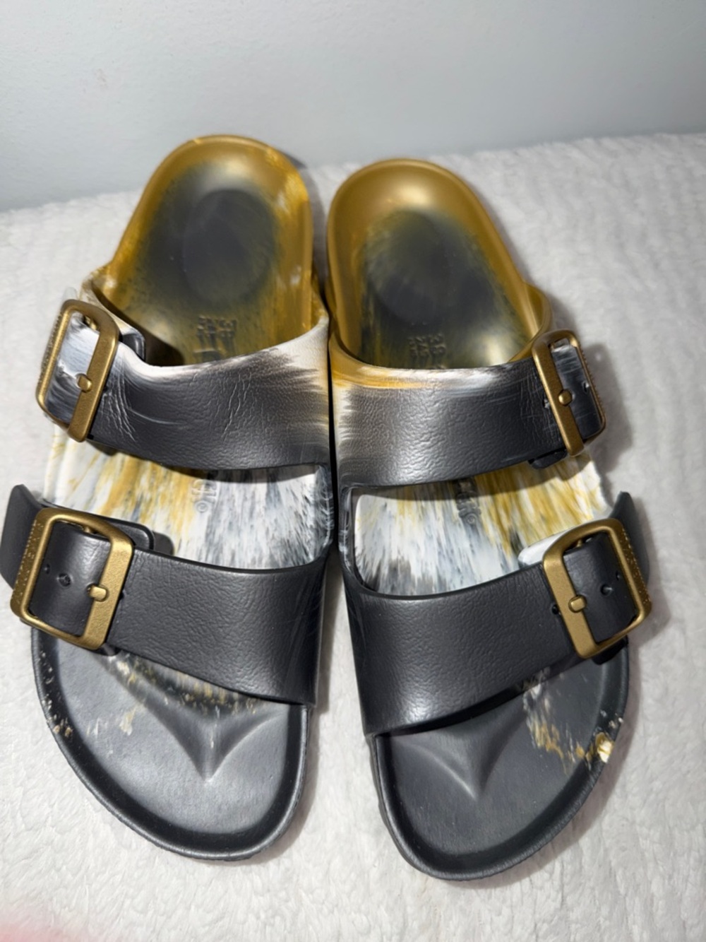 Birkenstock Grey and Gold Double Buckle Slides - Picture 6 of 6